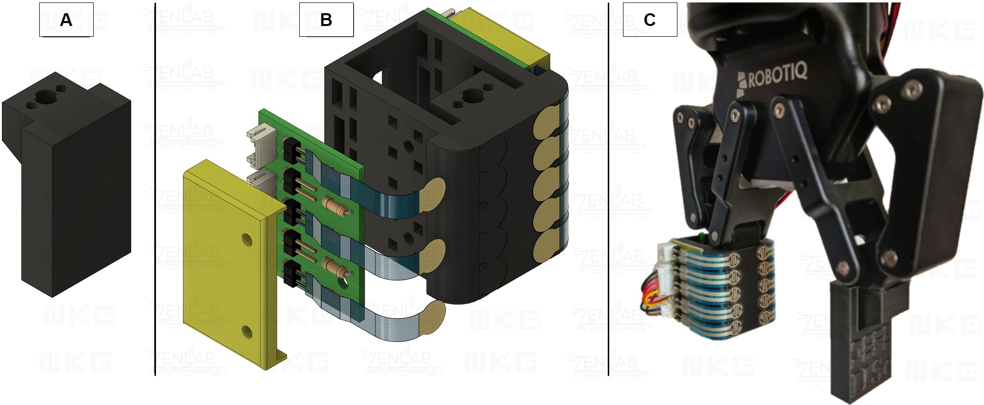 A. stock and B. modified gripper fingertips design in CAD; C. Photo of modified gripper